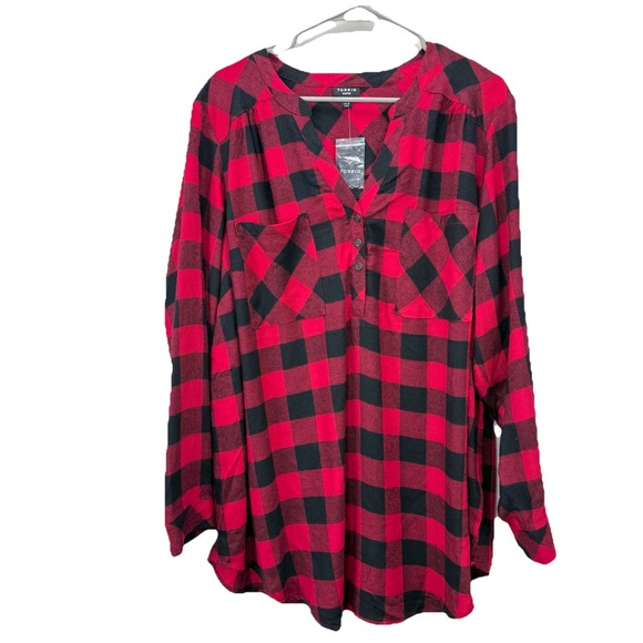 Torrid Lizzie Black Red Buffalo Plaid Twill Button Up Long Sleeve Shirt Size 3X - Picture 5 of 11